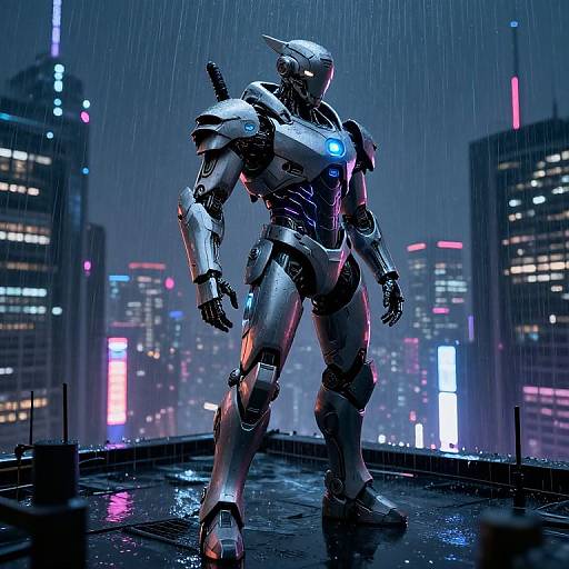Cybernetic Warrior on Neon Rooftop