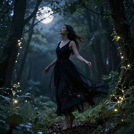 Ethereal Black Dress in Moonlit Forest