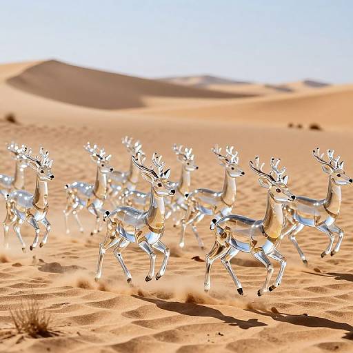 Photograph of a herd of white, stylized reindeer with antlers running through a sunlit, sandy desert with rolling dunes in the background
