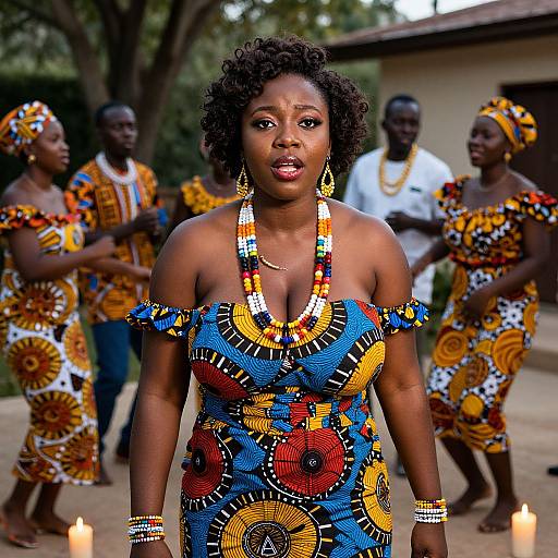 Photograph of an African woman with curly hair, wearing a colorful, beaded, off-shoulder dress, standing in front of a group of