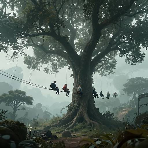 Digital illustration of a dense, misty forest with a massive tree. Children swing on a rope bridge between its branches. Silhouettes of others follow
