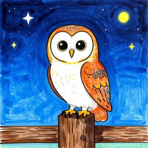 Cartoon-style drawing of a cute, orange-and-white owl with large black eyes perched on a wooden post under a starry blue night sky.