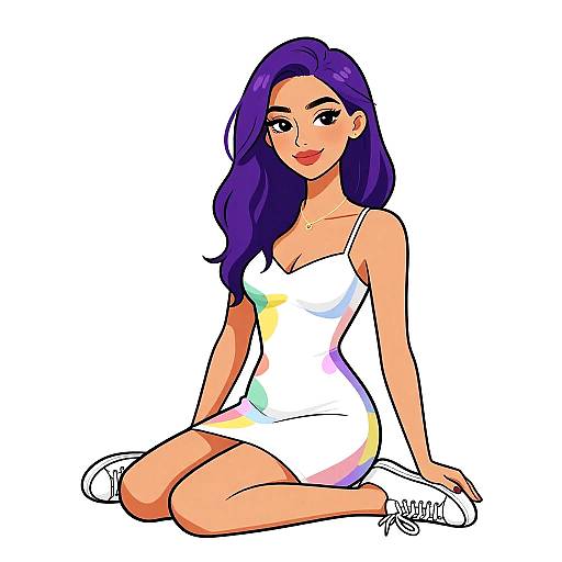 Digital anime-style drawing of a smiling woman with long purple hair, wearing a white, form-fitting dress with colorful accents, sitting on the ground.