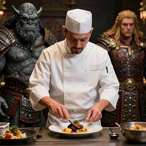 Photograph of a male chef in a white hat and uniform plating food, flanked by a muscular Viking and a blond warrior in medieval armor.