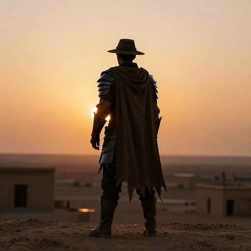 Armored Man with Cape at Desert Sunset