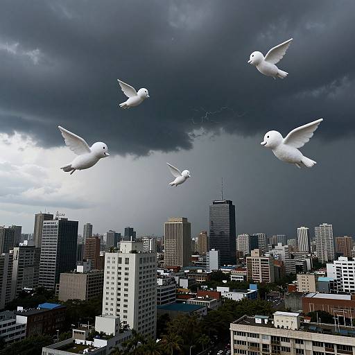 Photograph of four white doves flying over a dark, stormy sky above a cityscape with tall, modern skyscrapers and smaller buildings.