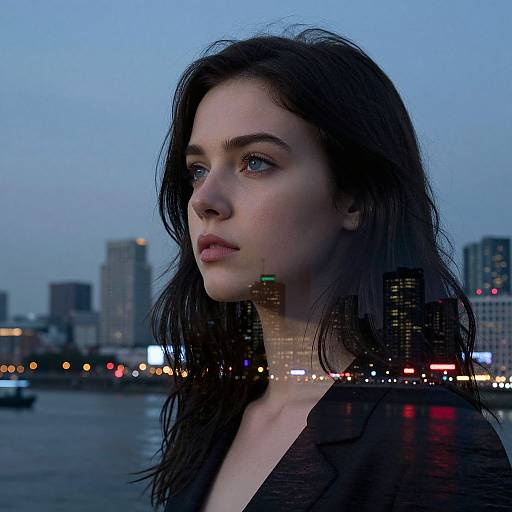 Photograph of a pale-skinned woman with dark, wet hair, blue eyes, and serious expression, standing by a city waterfront at dusk, with
