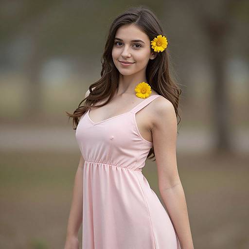 Photograph of a young woman with long dark hair, wearing a pink sleeveless dress, standing outdoors with two yellow flowers, one in her hair and