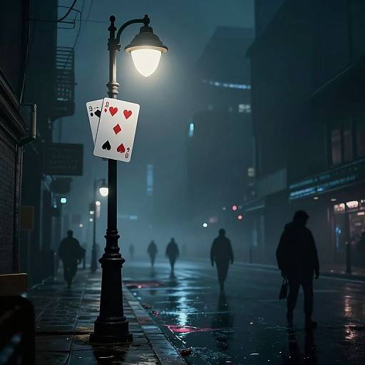Photograph: Moody, blue-lit street at night, rain-soaked pavement, glowing lamppost with Ace of Hearts card, silhouet