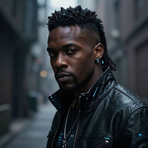 Photograph of a serious, dark-skinned man with short, tightly coiled dreadlocks, wearing a wet, black leather jacket, standing in a