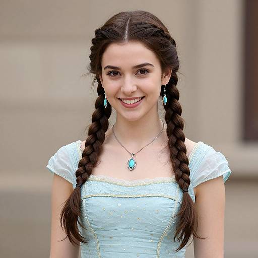 Photograph of a young woman with long, dark braided hair, wearing a light blue, lace-trimmed dress, blue earrings, and necklace