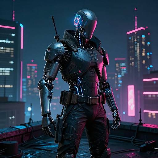 Cybernetic soldier with glowing blue visor and neon-lit cityscape background. Robotic arms, detailed armor, gun holster, and futuristic