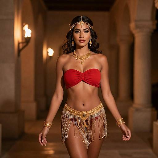 Confident Woman in Dimly Lit Corridor