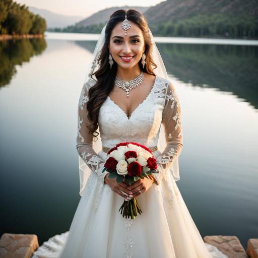 Bride in White Dress Holding Bouquet by Lake