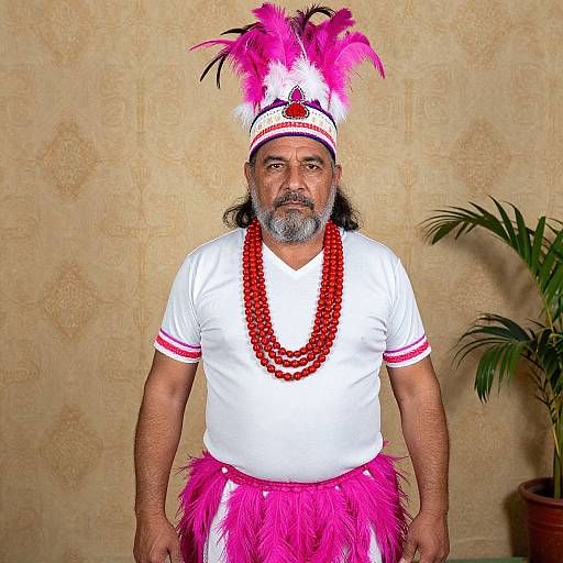 Middle-aged man with gray beard, pink feather headdress, white shirt, red bead necklace, pink feather skirt, standing against beige patterned wall,
