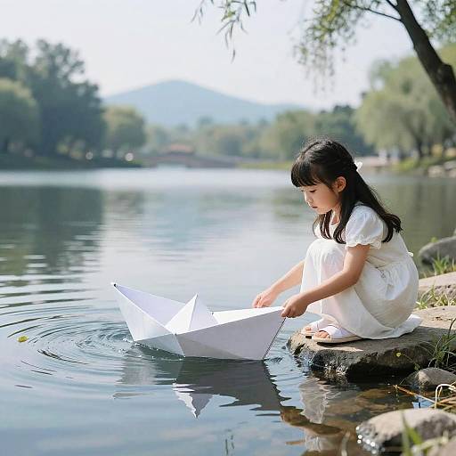 Photograph of an Asian girl with long black hair, wearing a white dress, gently launching a paper boat on a calm lake.