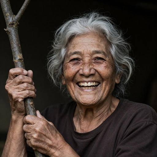 Joyful Elderly Woman with Tree Branch