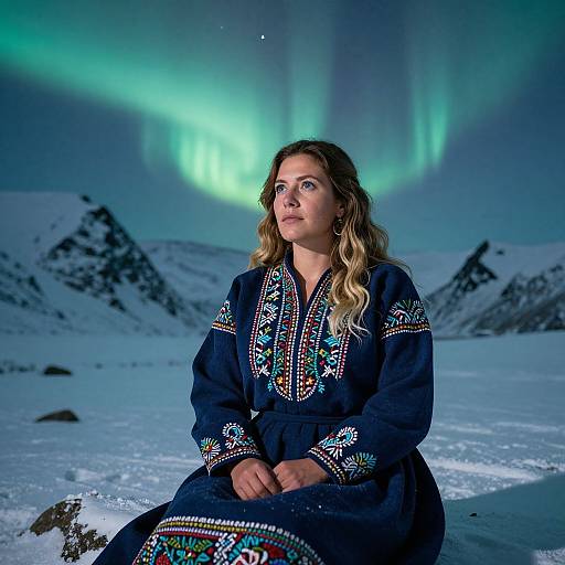 Photograph of a young woman with wavy blonde hair, wearing a dark blue embroidered dress, seated in snowy landscape at night, with vibrant green Northern