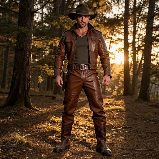 Photograph of a rugged man with a beard, wearing a brown leather jacket, pants, black shirt, and wide-brimmed hat, standing in
