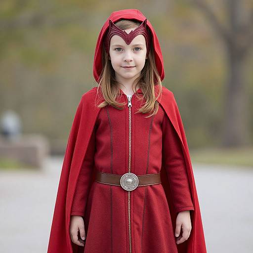 Photograph of a young girl with light brown hair, wearing a red hooded cloak with a headband, standing outdoors in a blurred park.