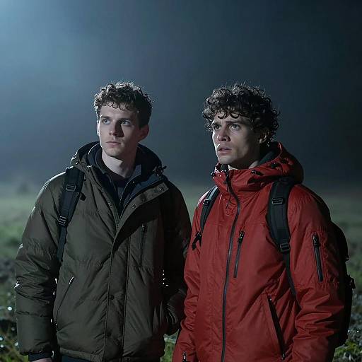 Two Men in Puffy Jackets in Foggy Night Field