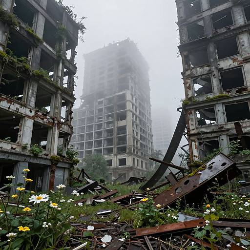 Photograph of a foggy, abandoned building site with two partially collapsed, overgrown concrete structures, surrounded by debris and wildflowers.