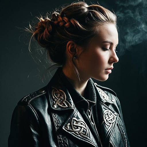 Woman with Celtic Knot Hairstyle and Vintage Leather Jacket