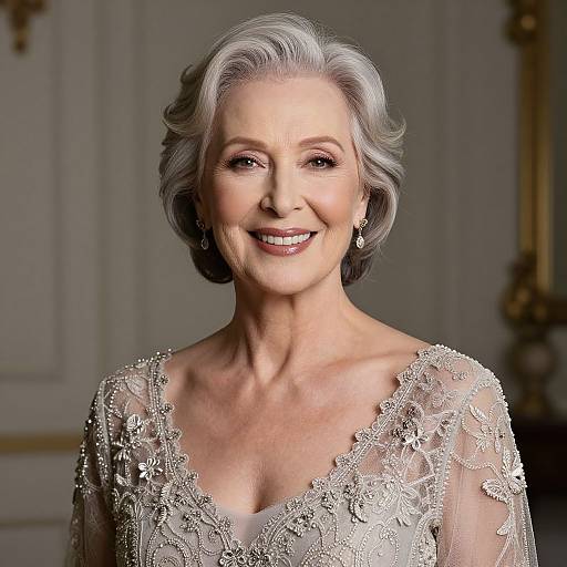 Photograph of an elegant older woman with short, wavy gray hair, smiling, wearing a sheer, lace-embellished, V-neck dress
