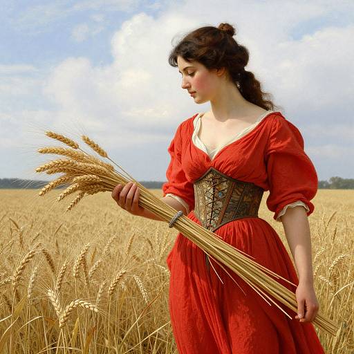 Photograph of a fair-skinned woman with dark hair, wearing a red dress and corset, holding wheat in a golden wheat field under a blue