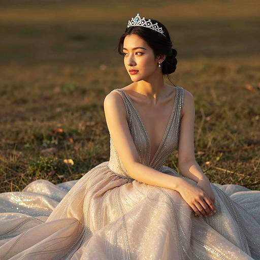 Woman in Elegant Gown and Tiara at Golden Hour
