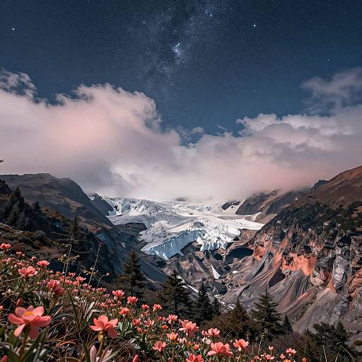 Photograph of a mountainous landscape at night, with a galaxy-filled sky, illuminated snow-covered peaks, pink flowers in the foreground, and dark pine
