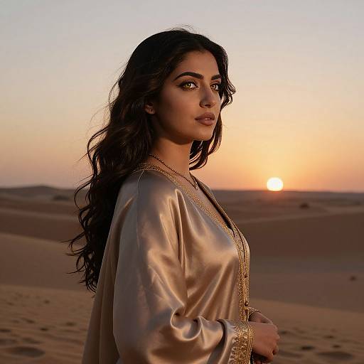 Photograph of a beautiful Middle Eastern woman with long, wavy black hair, wearing a gold-embroidered, satin robe, standing in a