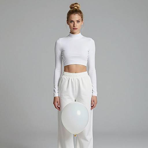 Young Woman in White Athleisure Outfit Holding Balloon