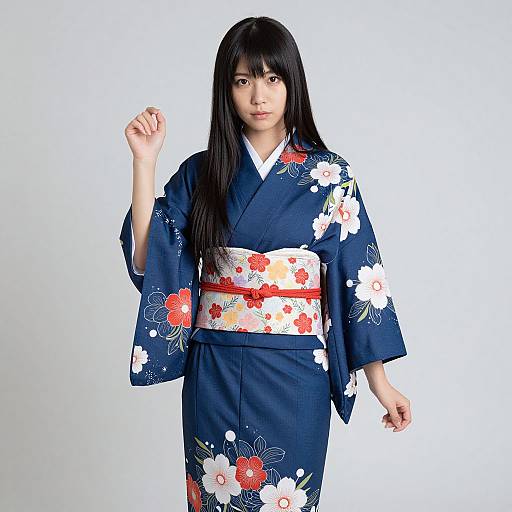 Photograph of an East Asian woman with long black hair, wearing a navy blue floral kimono, white shirt, and red floral obi,