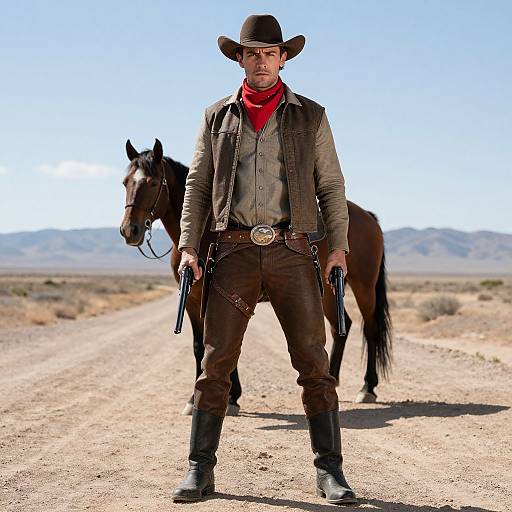 Photograph of a rugged, serious-looking cowboy in brown vest, red scarf, and black hat, standing on a desert road with a black horse,