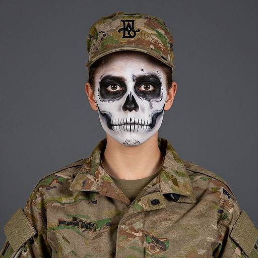 Photograph of a person in military camouflage uniform and cap, with white skull face paint and black eye sockets, against a gray background.