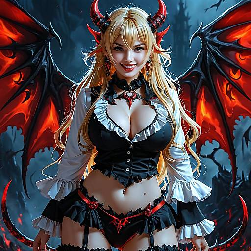 Digital art of a blonde demon woman with red horns, black wings, and red eyes. She wears a black corset, white ruffles, and
