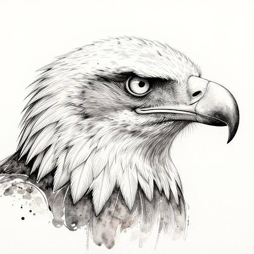 Black and white digital drawing of a fierce eagle's head, detailed with sharp lines, watercolor splashes, and intense gaze.