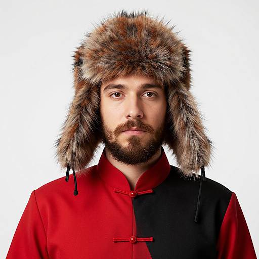 Bearded Man in Red and Black Outfit