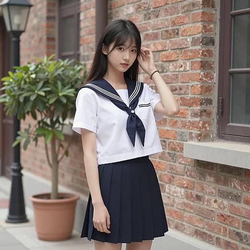 Asian girl in sailor school uniform by brick wall