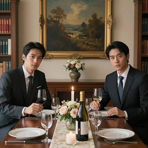 Two Men in Formal Dining Room Holding Wine Glasses