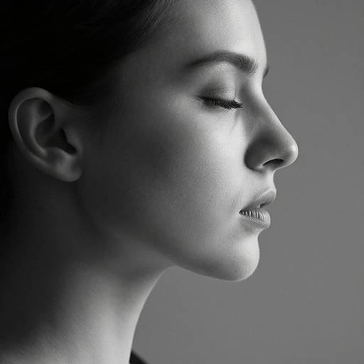 Close-up, side profile photograph of a serene, fair-skinned woman with closed eyes, smooth skin, and subtle makeup, illuminated by soft blue light