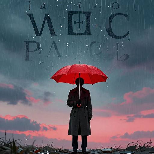 Photograph of a silhouetted person holding a bright red umbrella in rain, against a pink and blue sunset sky, with 