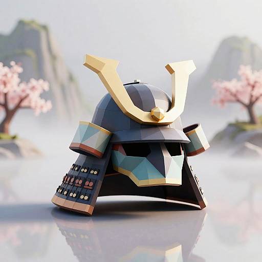 CGI image of a geometric, pixelated samurai statue in traditional armor, with gold accents, set against a blurred, cherry blossom mountain background.