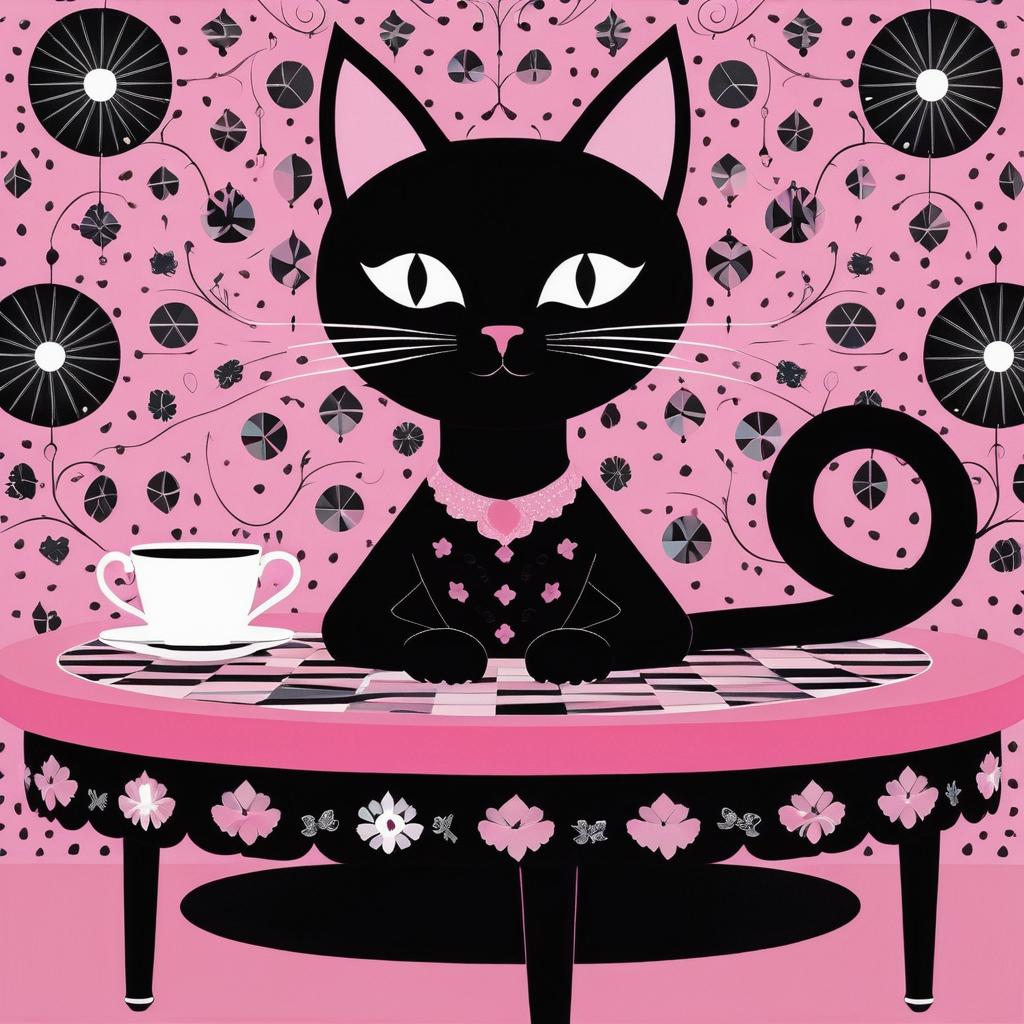 Charming Black Cat on Pink Table