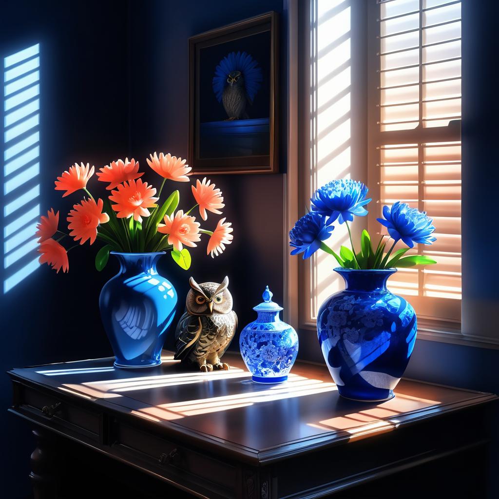 Owl and Coral Flowers in Soft Light