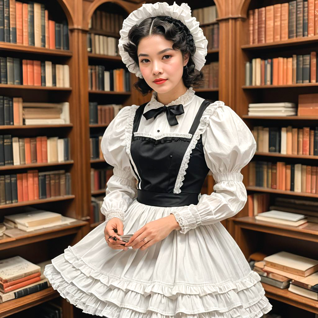 Vintage Maid in Gothic Library Setting