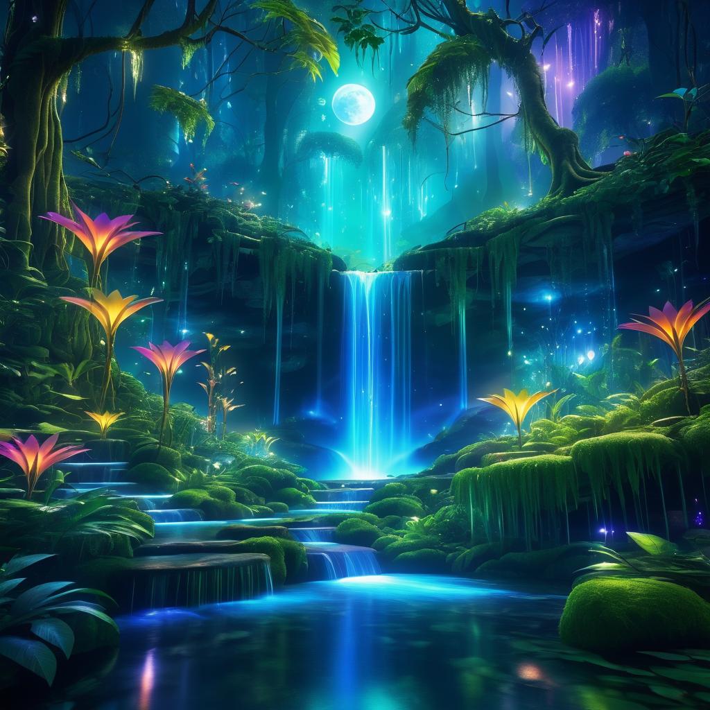 Enchanting Avatar Forest with Glowing Waterfall