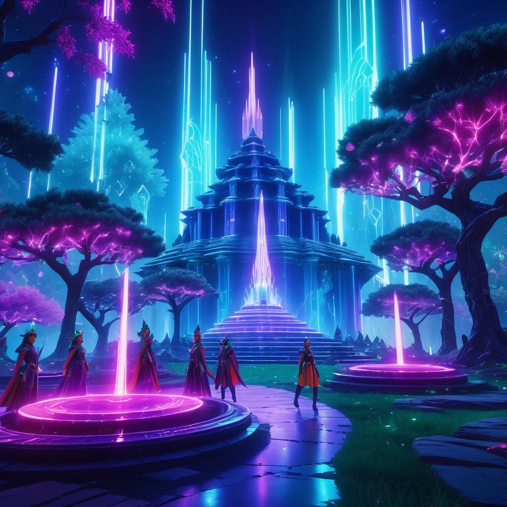 Cyberpunk Elves in a Vibrant Orchard