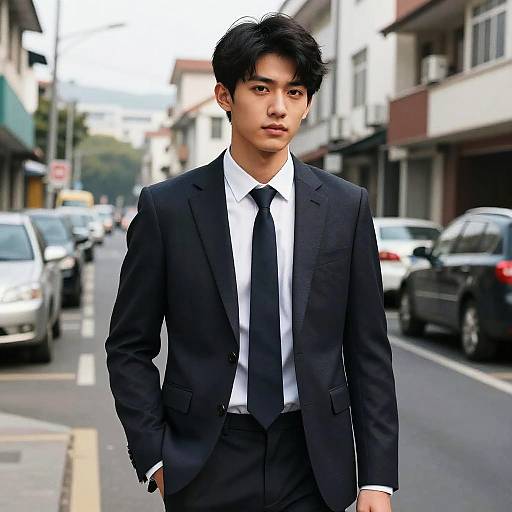 Photograph of a young Asian man with black hair, wearing a black suit, white shirt, and black tie, standing confidently on a urban street with